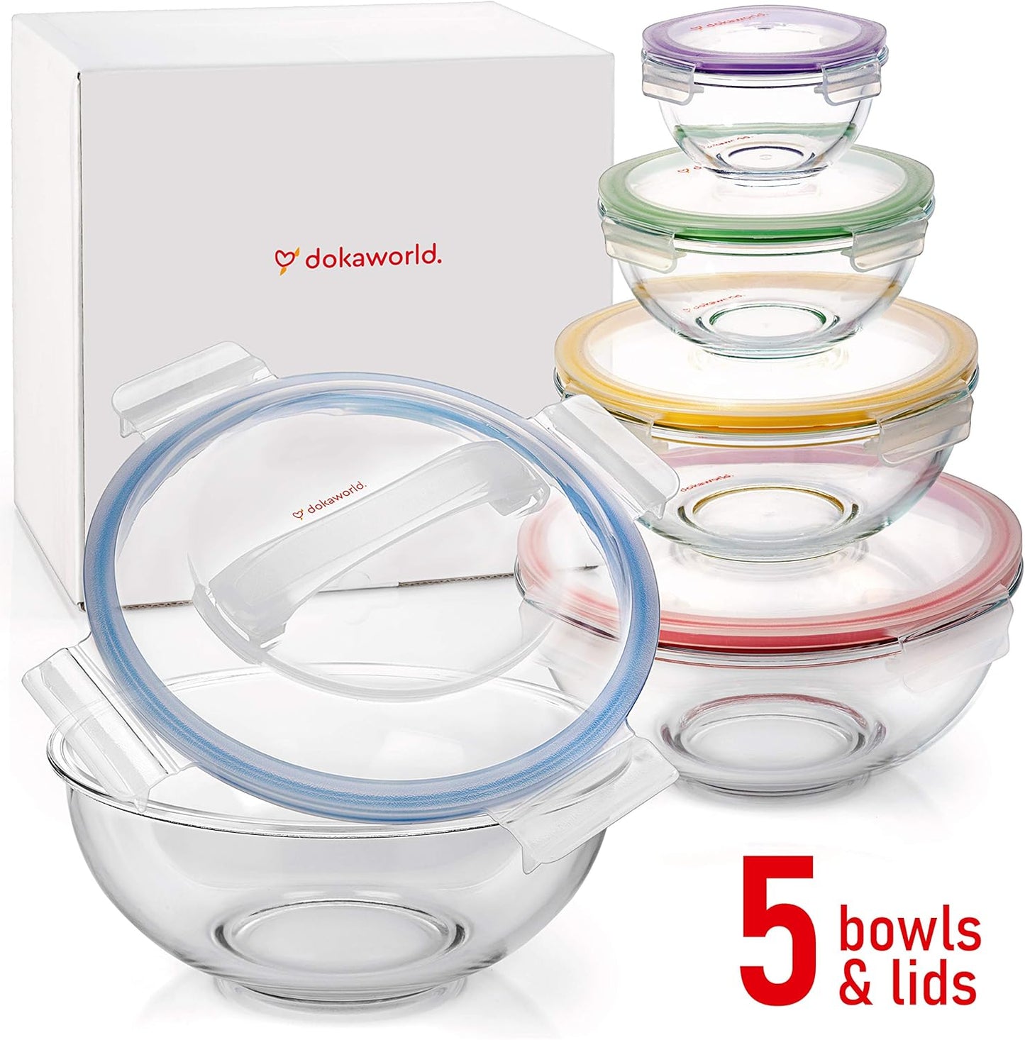 Set of 5 Glass Bowls with BPA Multicolor Lids