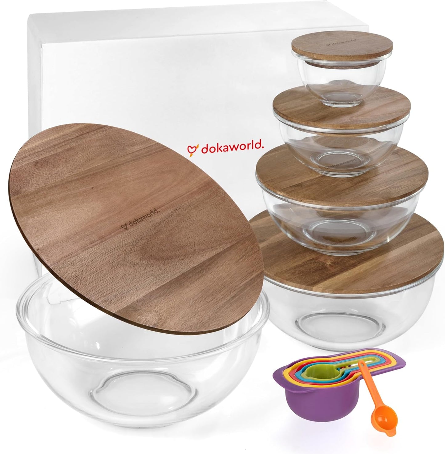 Set of 5 Glass Bowls with Acacia Lids