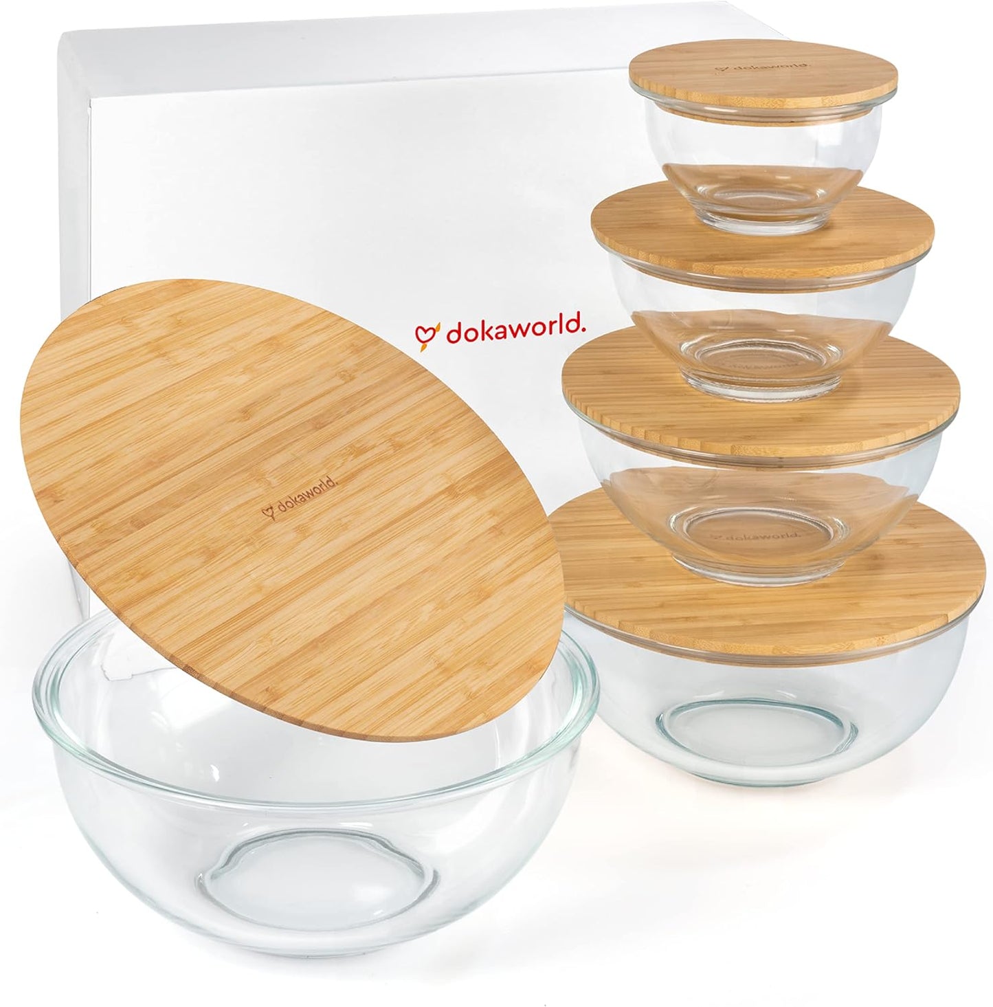 Set of 5 Glass Bowls with Bamboo Lids