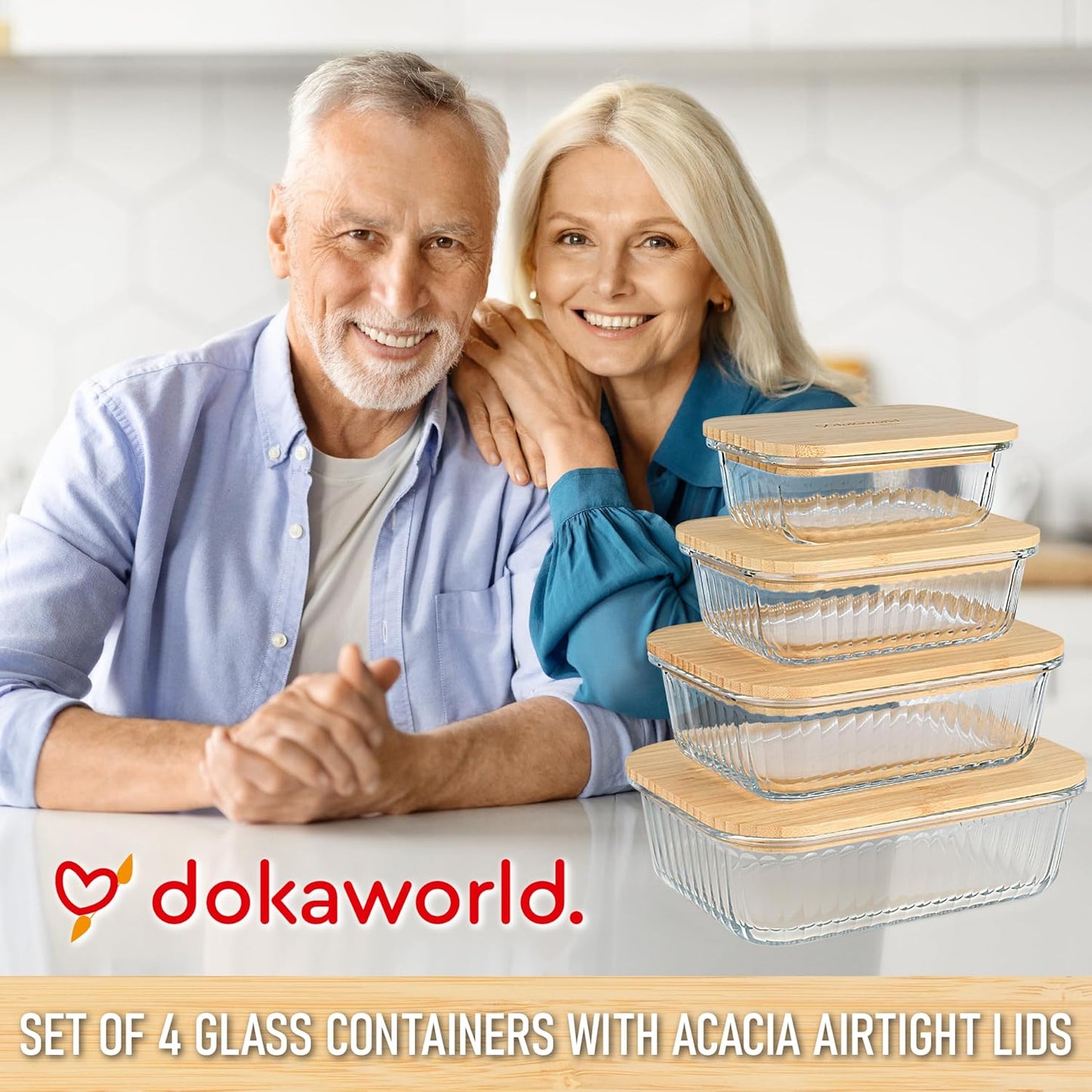 Set of 4 Glass Containers with Airtight Bamboo Lids