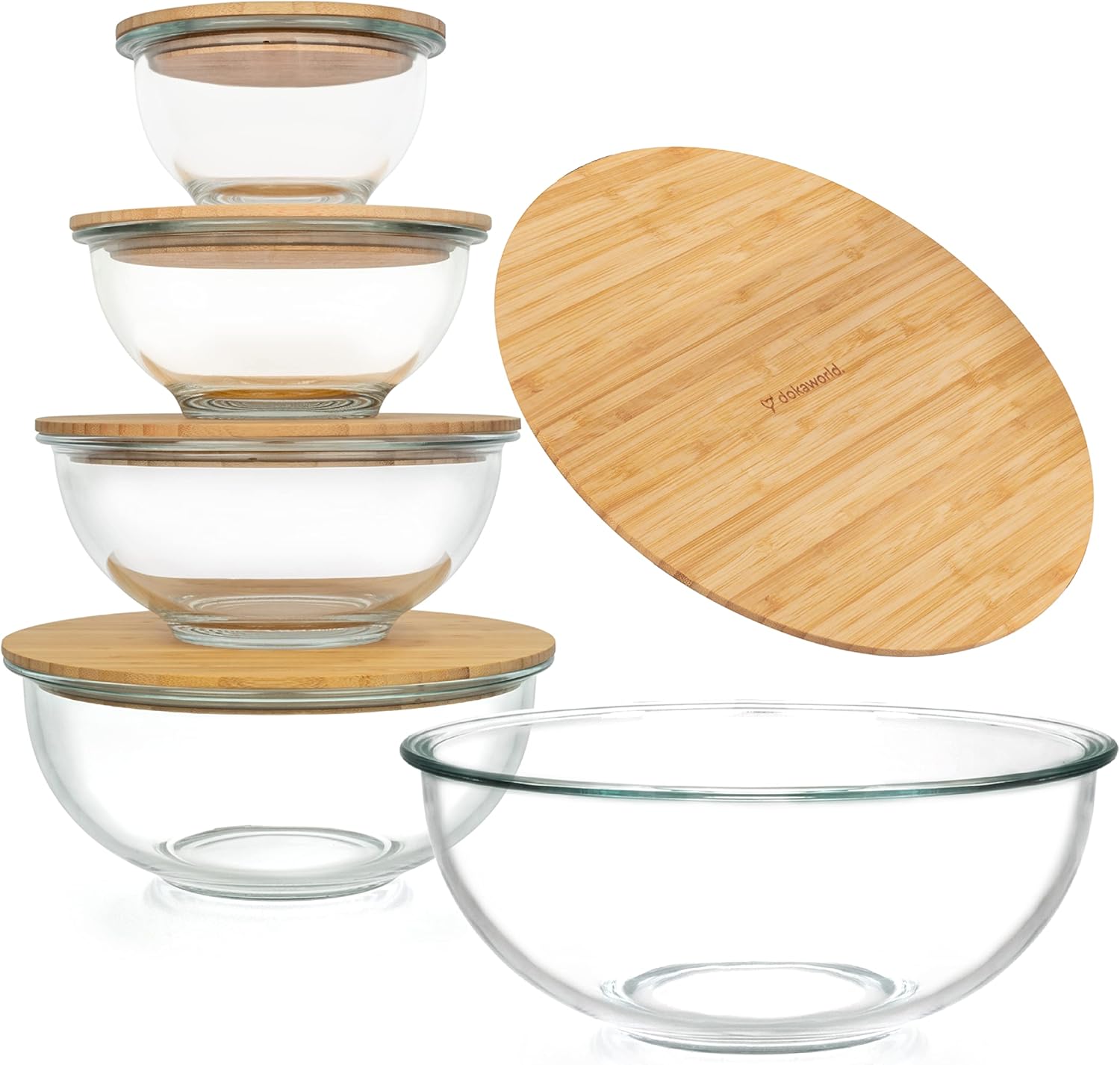 Dokaworld Stackable Space-Saving Set of 5 Nesting Glass Bowls with Acacia Lids for Foodprep, Storage, Mixing & Cooking