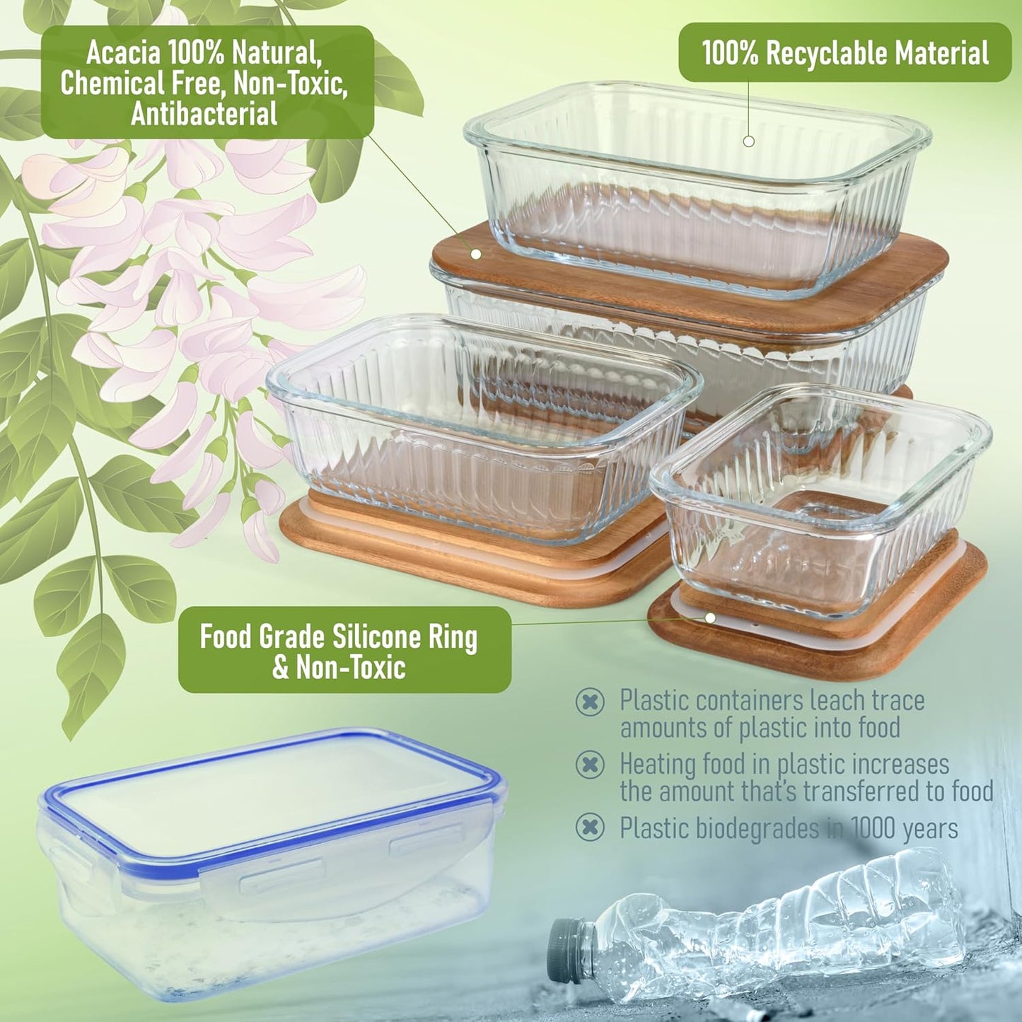 Set of 4 Glass Containers With Airtight Acacia Lids