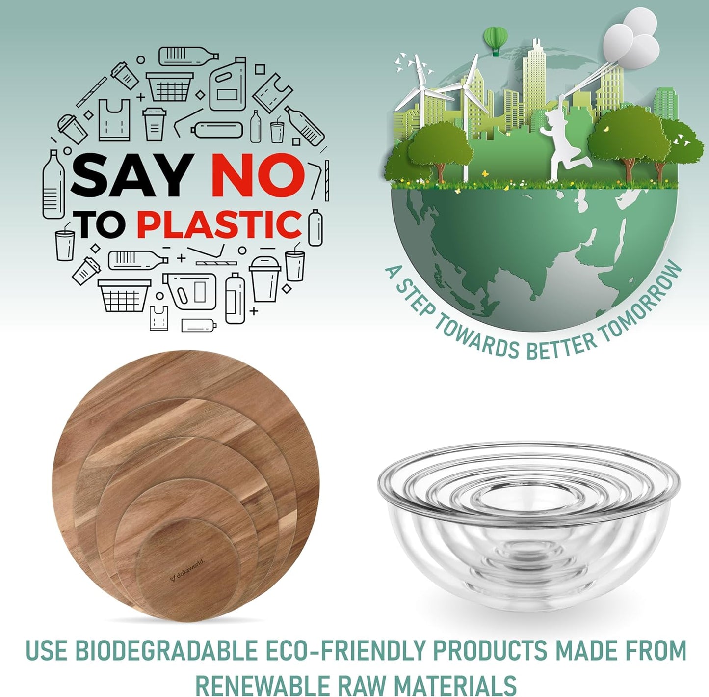 Set of 5 Glass Bowls with Acacia Lids