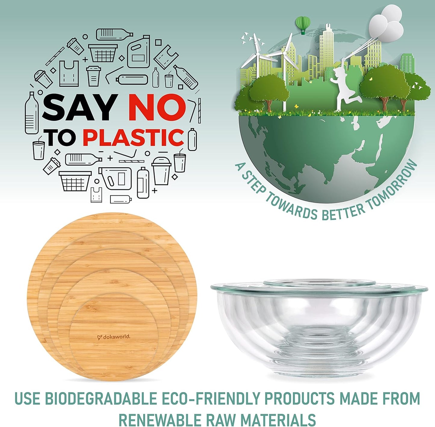 Set of 5 Glass Bowls with Bamboo Lids