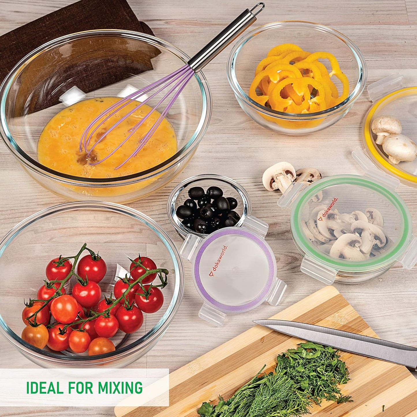 Set of 5 Glass Bowls with BPA Multicolor Lids