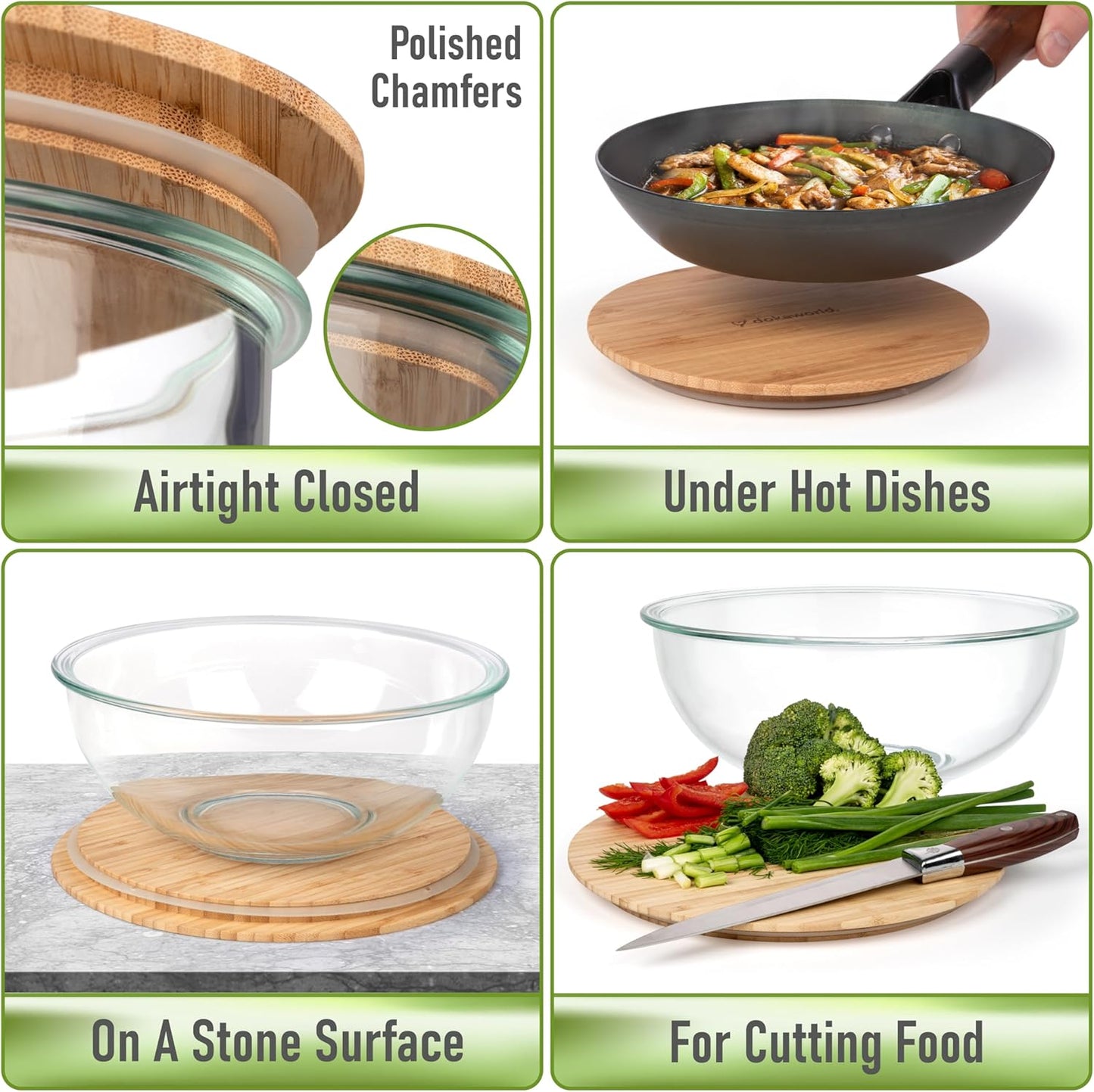 Set of 4 Bamboo Lids - Lids are compatible with all Glass Mixing Bowls Set