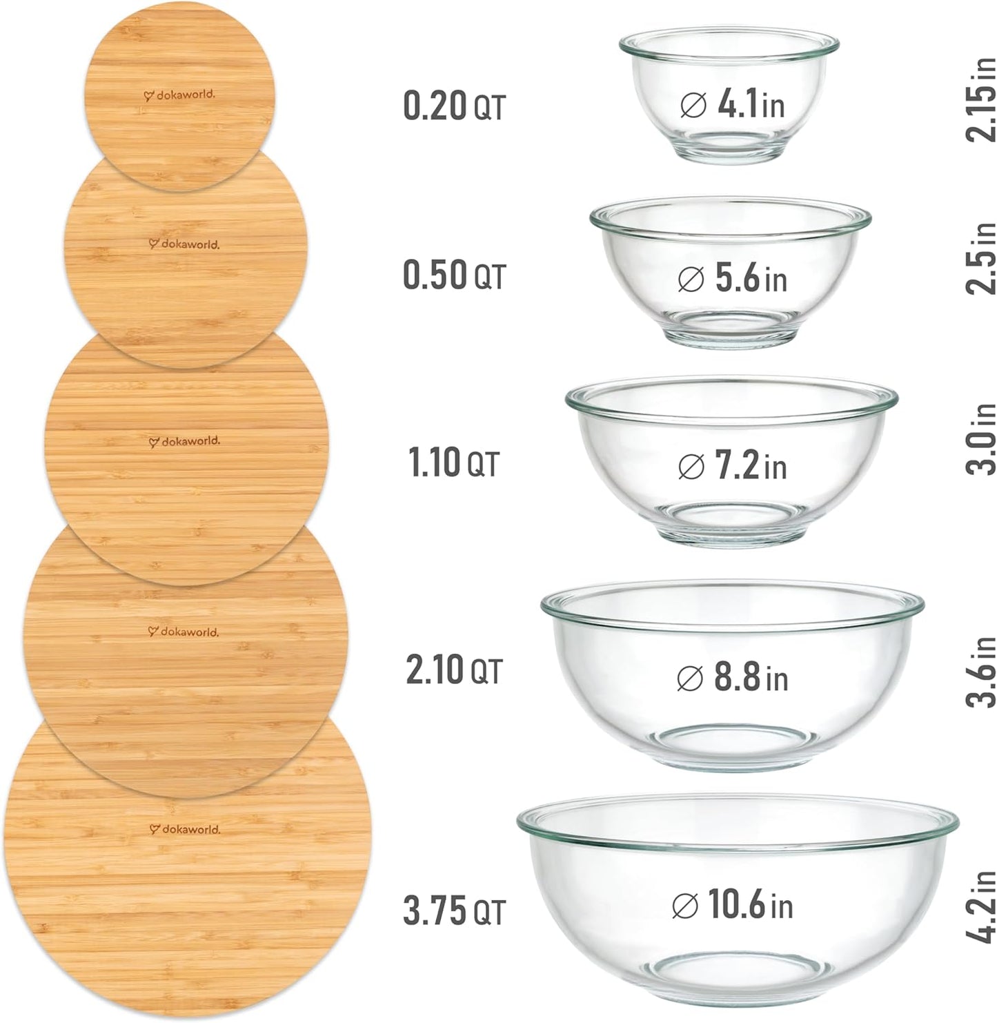 Set of 5 Glass Bowls with Bamboo Lids