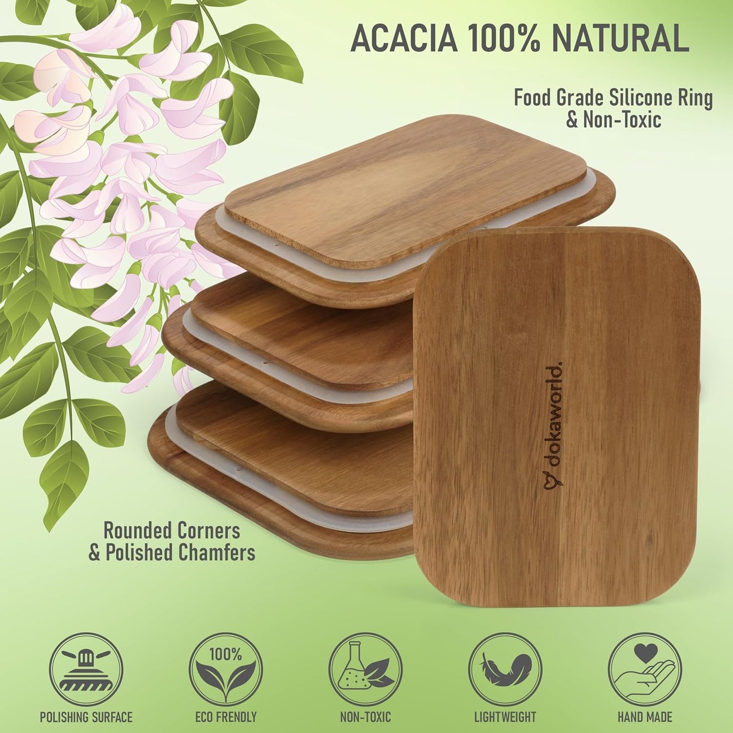 Set of 4 Acacia Lids - Lids are compatible with all Glass Food Storage Containers Sets