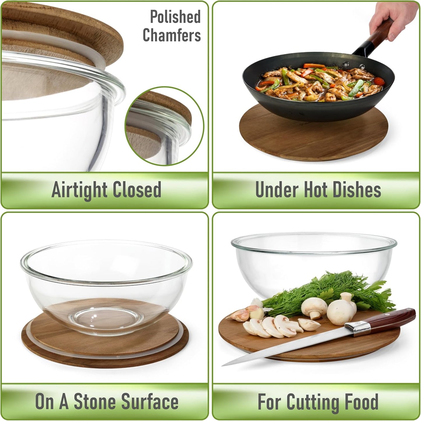 Set of 4 Acacia Lids - Lids are compatible with all Glass Mixing Bowls Set