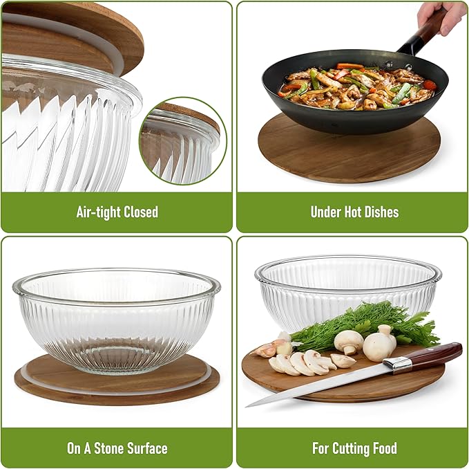 Set of 3 Glass Mixing Bowls with Acacia Lids