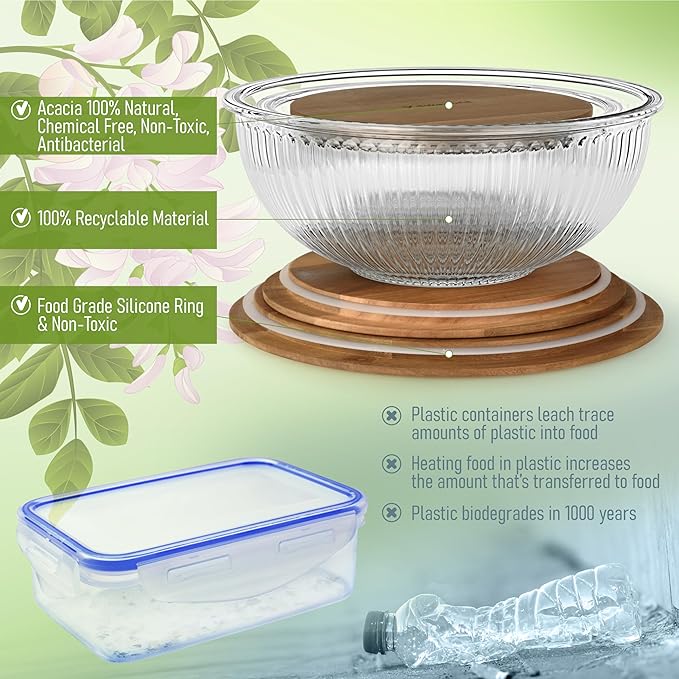 Set of 3 Glass Mixing Bowls with Acacia Lids